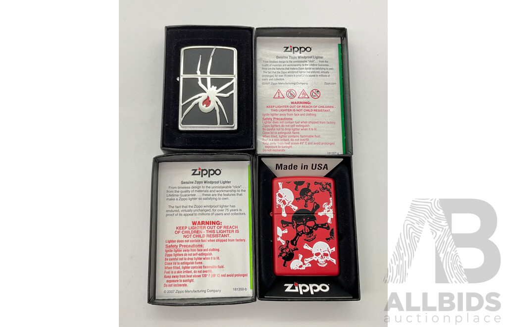 Two Zippo Lighters in Original Cases, Spider and Skull and Crossbones, Made in USA