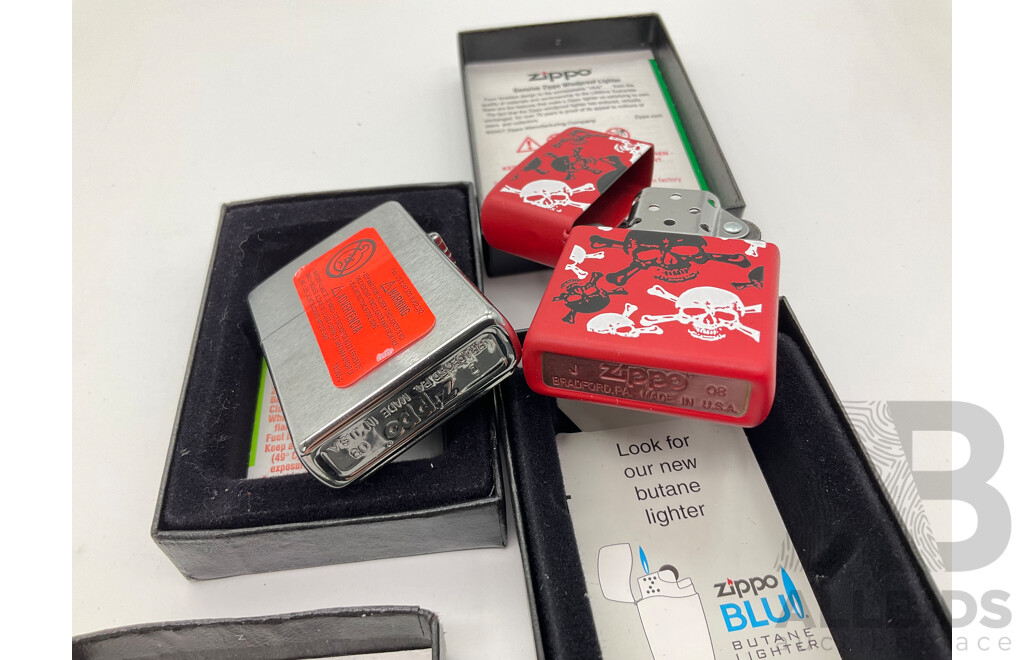 Two Zippo Lighters in Original Cases, Spider and Skull and Crossbones, Made in USA