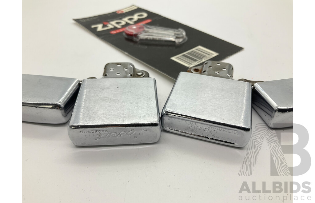 Two Vintage Zippo Lighters and Flint Dispenser