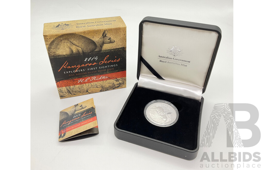 Australian RAM 2014 One Dollar Silver Proof Coin, Kangaroo Series, Explorer's First Sightings .999