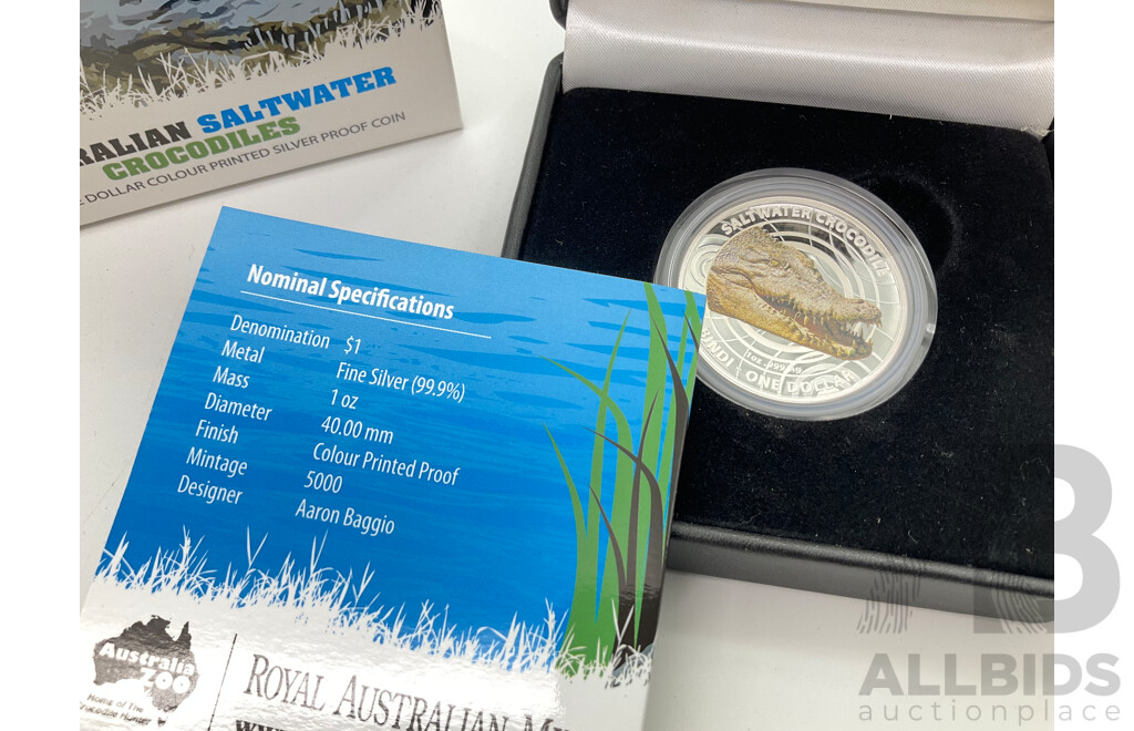 Australian RAM 2013 One Dollar Coloured Silver Proof Coin, Bindi Australian Saltwater Crocodiles .999