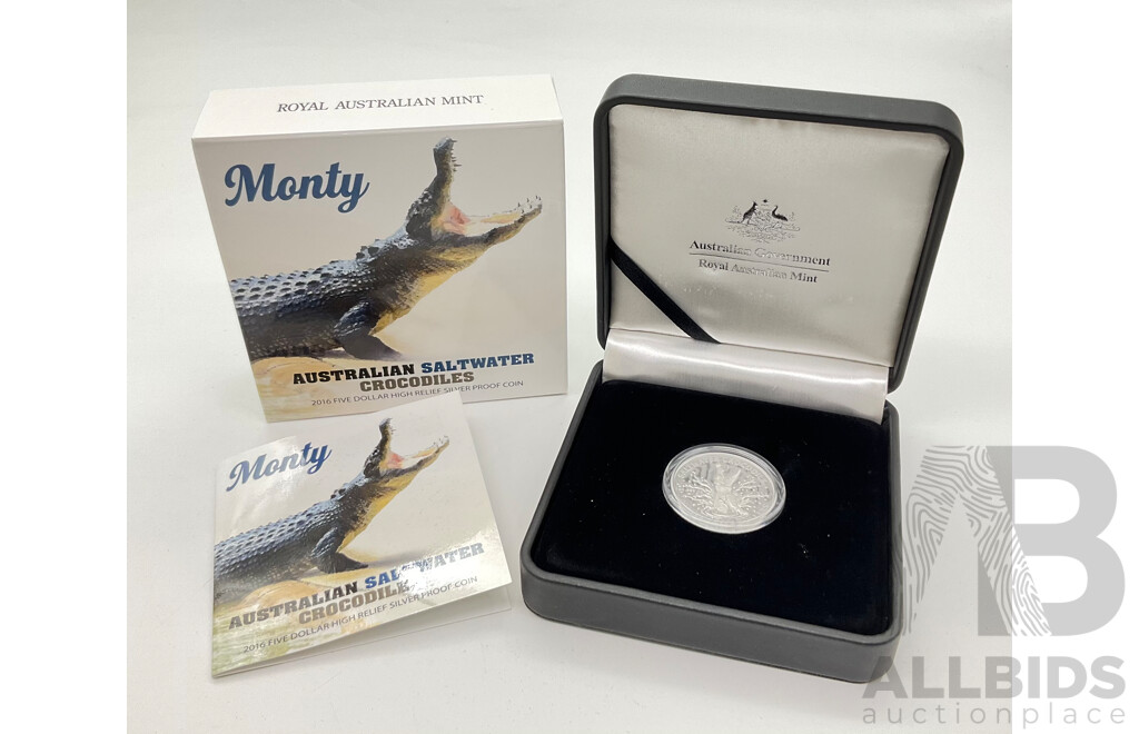 Australian RAM 2016 Five Dollar Silver Proof High Relief Coin, Monty - Australian Saltwater Crocodiles .999