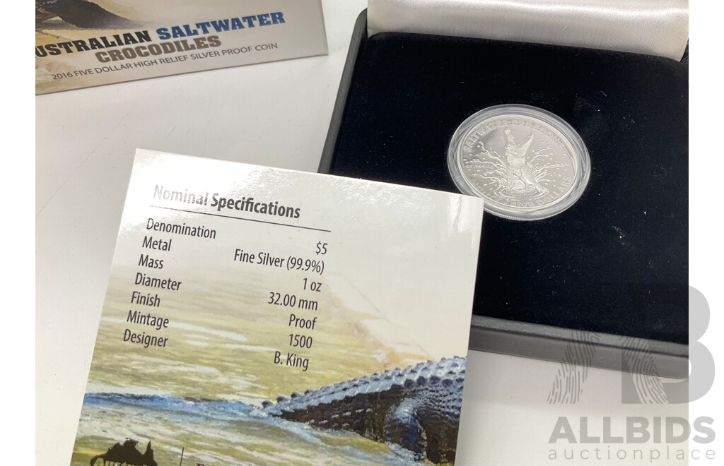 Australian RAM 2016 Five Dollar Silver Proof High Relief Coin, Monty - Australian Saltwater Crocodiles .999