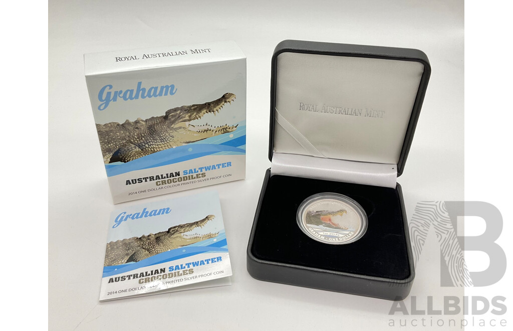 Australian RAM 2014 One Dollar Coloured Silver Proof Coin, Graham - Australian Saltwater Crocodiles .999