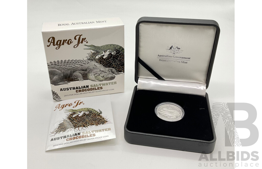 Australian RAM 2015 Five Dollar Silver Proof High Relief Coin, Agro Jr - Australian Saltwater Crocodiles .999