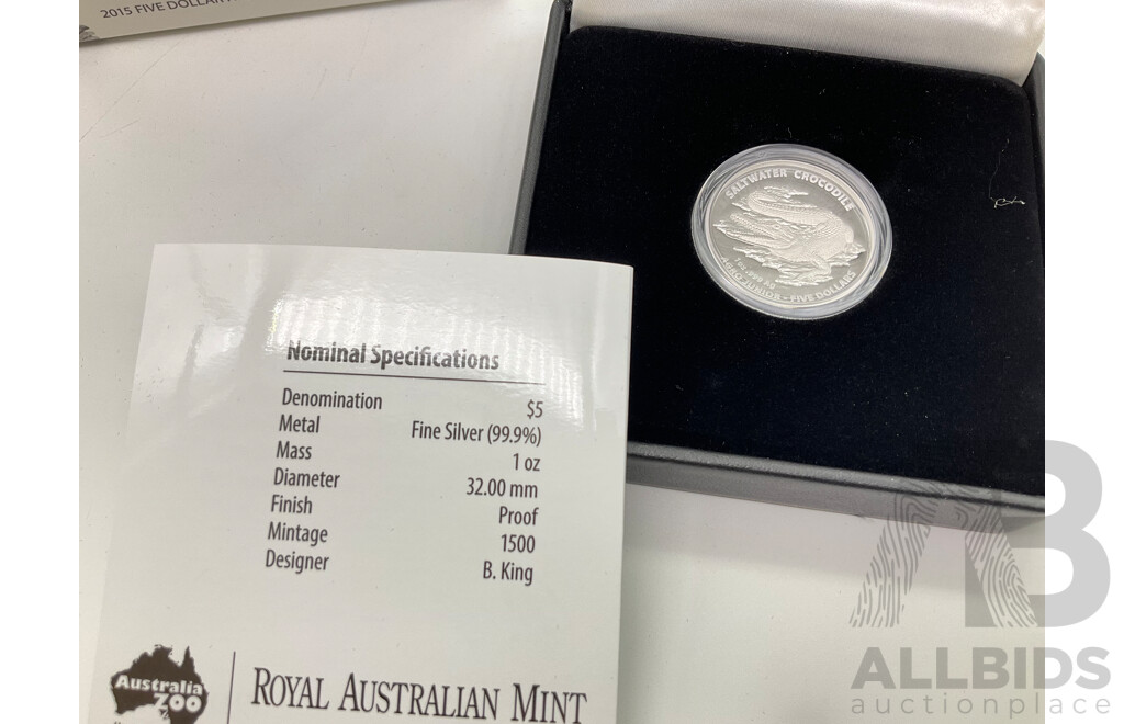 Australian RAM 2015 Five Dollar Silver Proof High Relief Coin, Agro Jr - Australian Saltwater Crocodiles .999