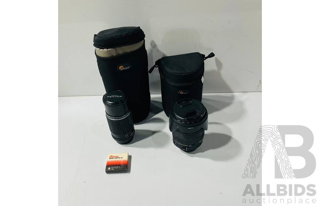 Pair of Camera Lenses Including SMC Pentax-M 1:4 200mm and Sigma 18-250mm 1:35.5-6.3 with Lowepro Cases and Asahi Pentax Mount Adapter