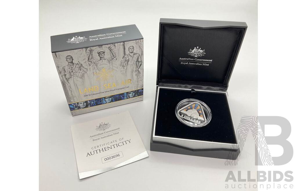 Australian RAM 2018 Five Dollar Coloured Silver Triangular Coin, Land - Sea - Air .999