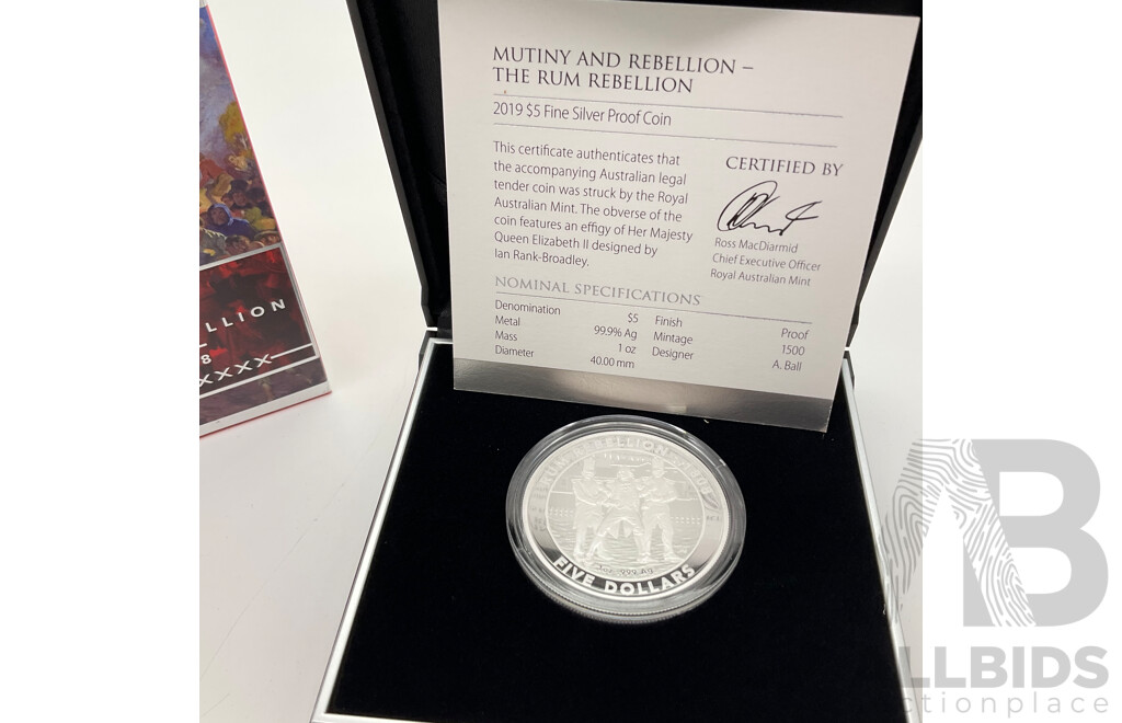 Australian RAM 2019 Five Dollar Silver Proof Coin, The Rum Rebellion .999