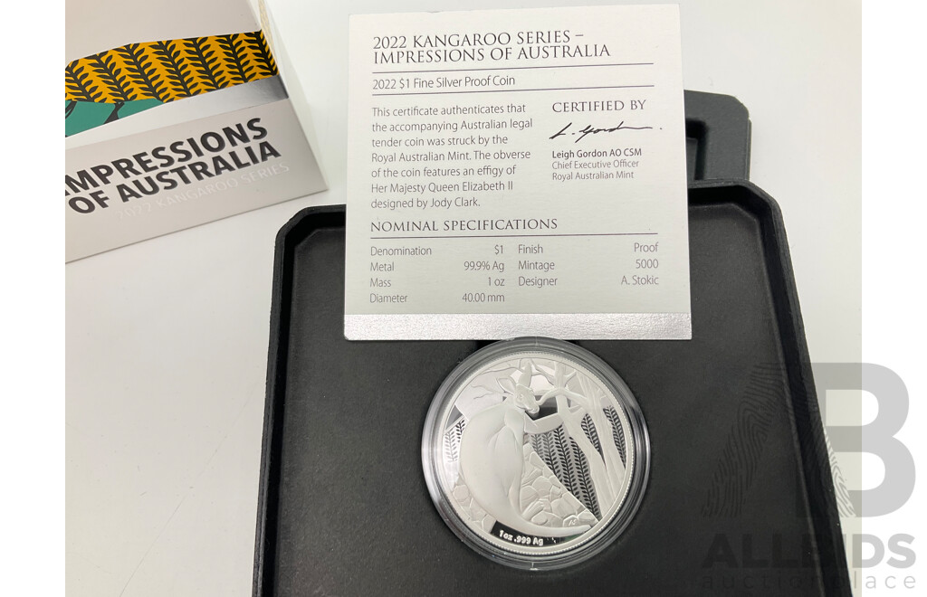 Australian RAM 2022 One Dollar Silver Proof Coin, Kangaroo Series .999