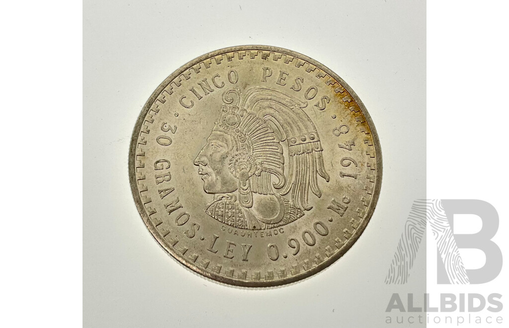 Mexico 1948 Five Peso Silver Coin .900