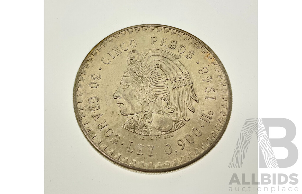 Mexico 1948 Five Peso Silver Coin .900