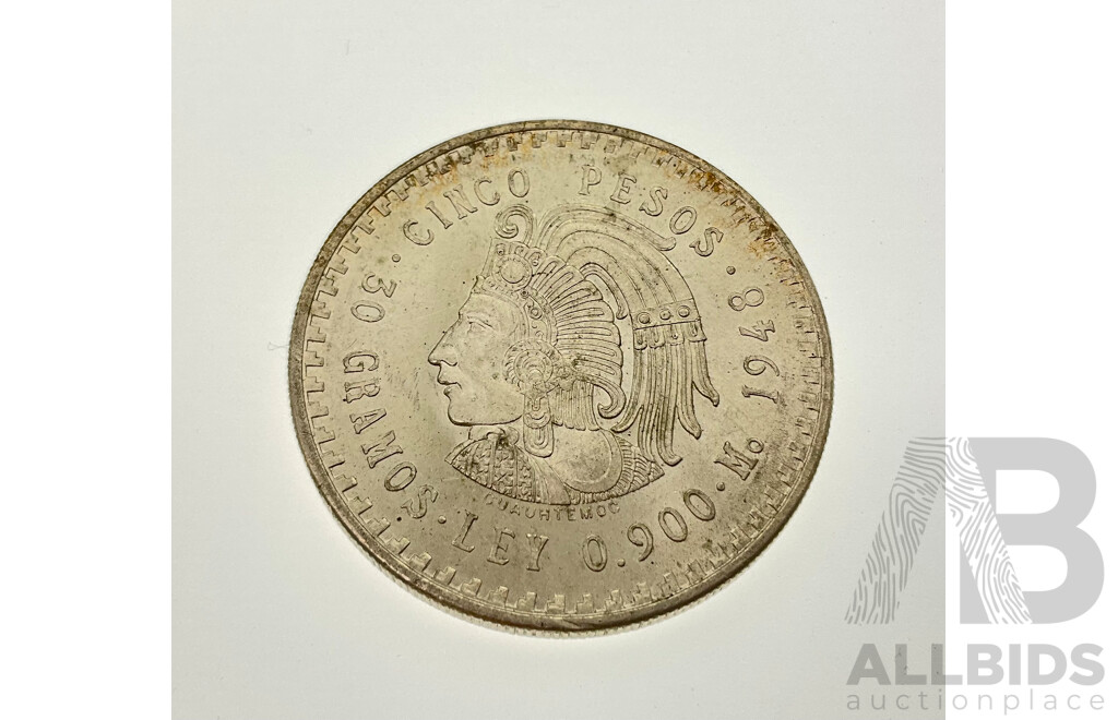 Mexico 1948 Five Peso Silver Coin .900