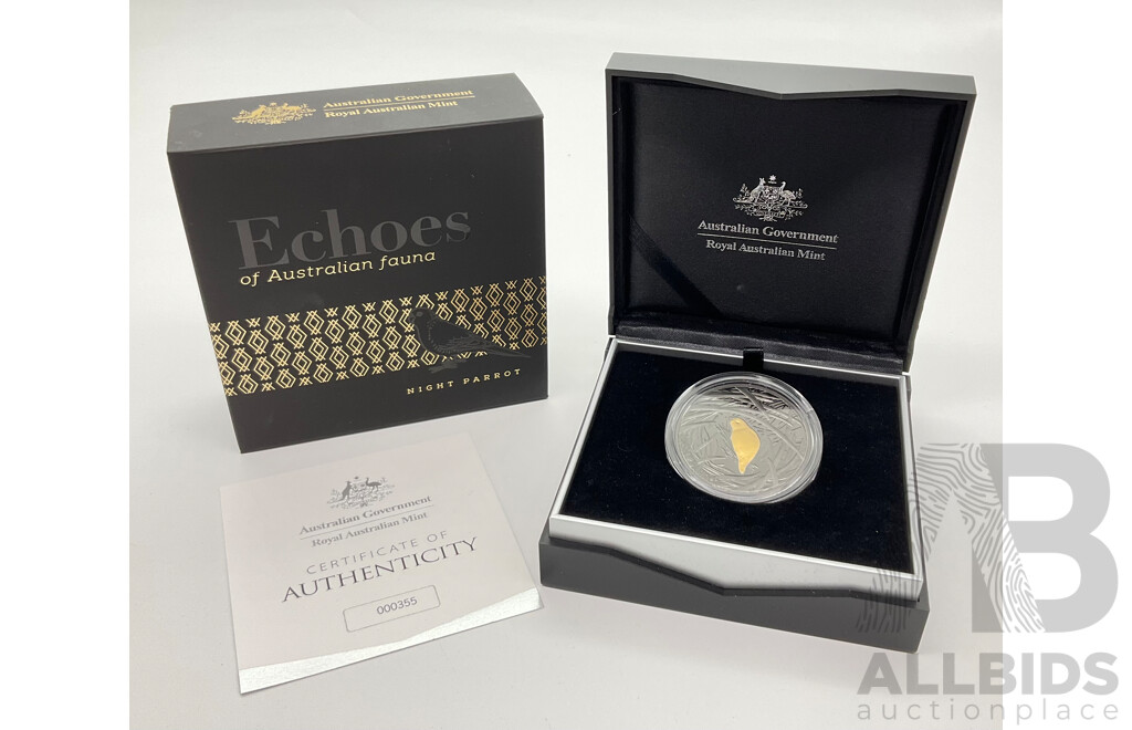 Australian RAM 2019 Commemorative Five Dollar Plated Silver Proof Coin, Echoes of Australian Fauna - Night Parrot .999