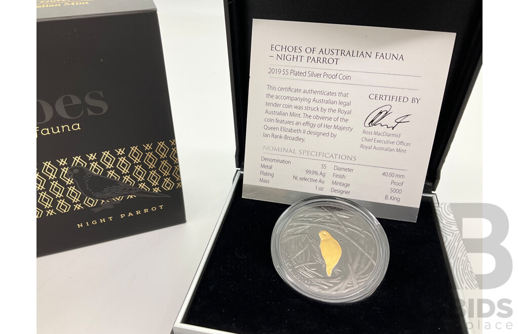 Australian RAM 2019 Commemorative Five Dollar Plated Silver Proof Coin, Echoes of Australian Fauna - Night Parrot .999