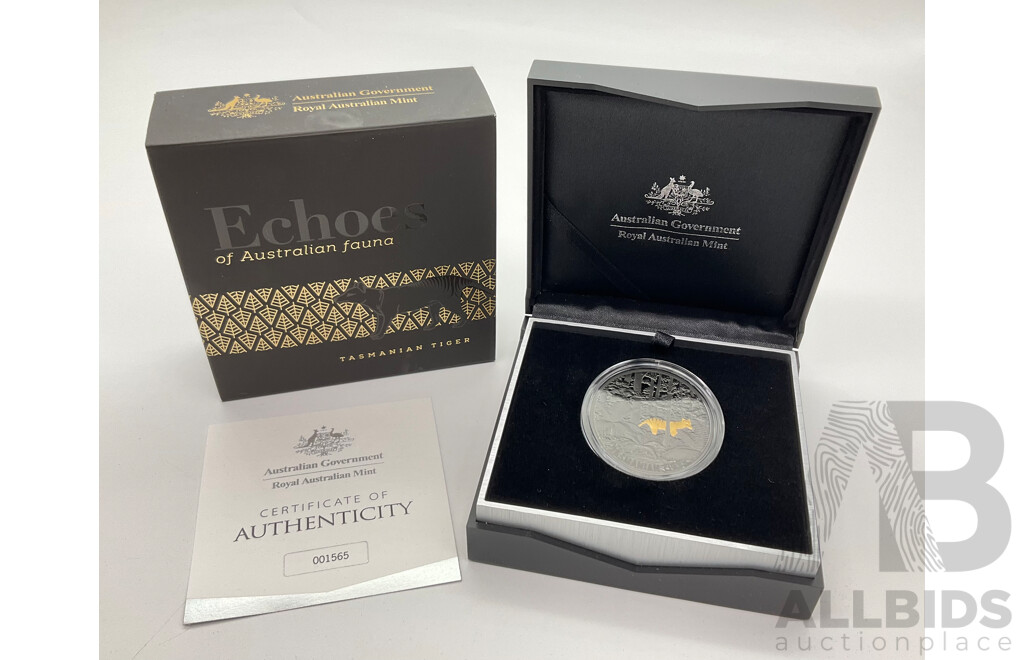 Australian RAM 2019 Commemorative Five Dollar Plated Silver Proof Coin, Echoes of Australian Fauna - Tasmanian Tiger .999