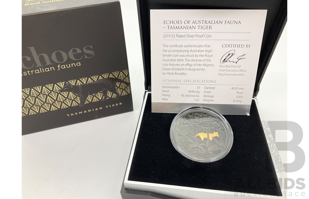 Australian RAM 2019 Commemorative Five Dollar Plated Silver Proof Coin, Echoes of Australian Fauna - Tasmanian Tiger .999