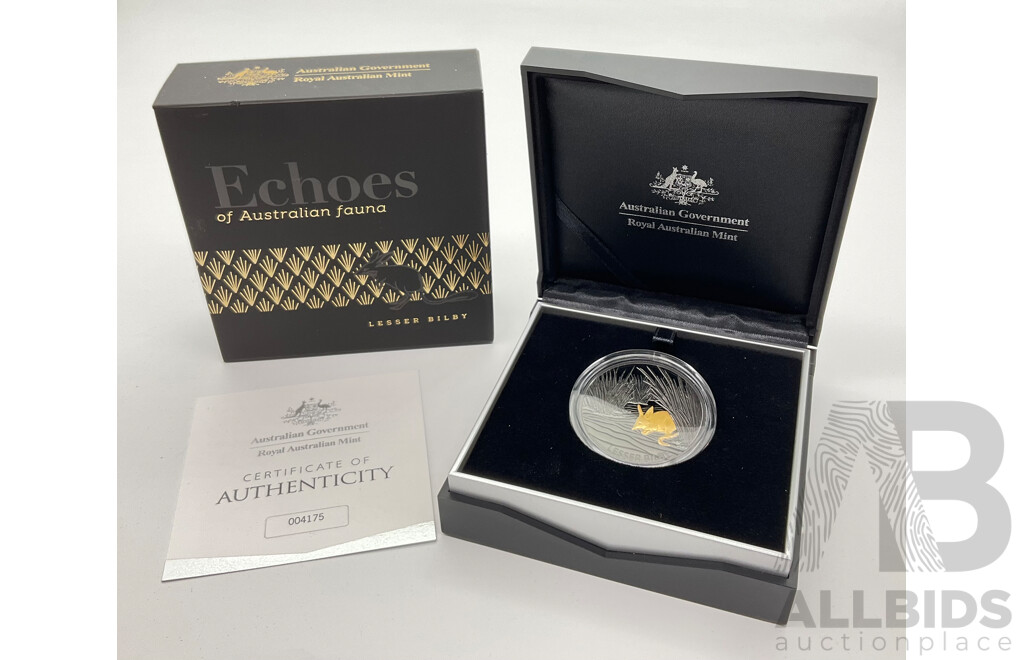 Australian RAM 2019 Commemorative Five Dollar Plated Silver Proof Coin, Echoes of Australian Fauna - Lesser Bilby .999