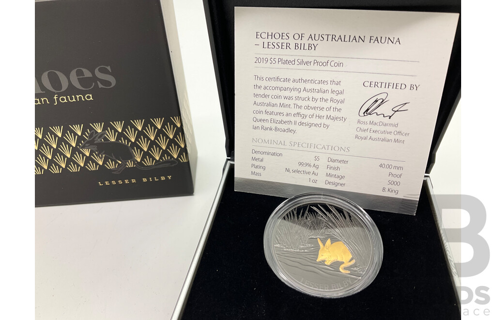 Australian RAM 2019 Commemorative Five Dollar Plated Silver Proof Coin, Echoes of Australian Fauna - Lesser Bilby .999