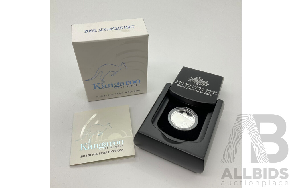Australian RAM 2018 Silver Proof One Dollar Coin, Kangaroo at Sunset .999
