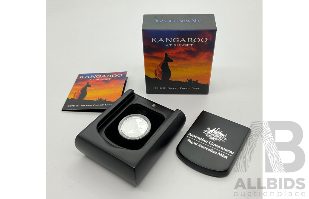 Australian RAM 2010 Silver Proof One Dollar Coin, Kangaroo at Sunset .999