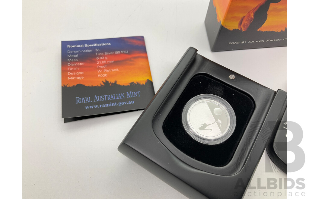 Australian RAM 2010 Silver Proof One Dollar Coin, Kangaroo at Sunset .999