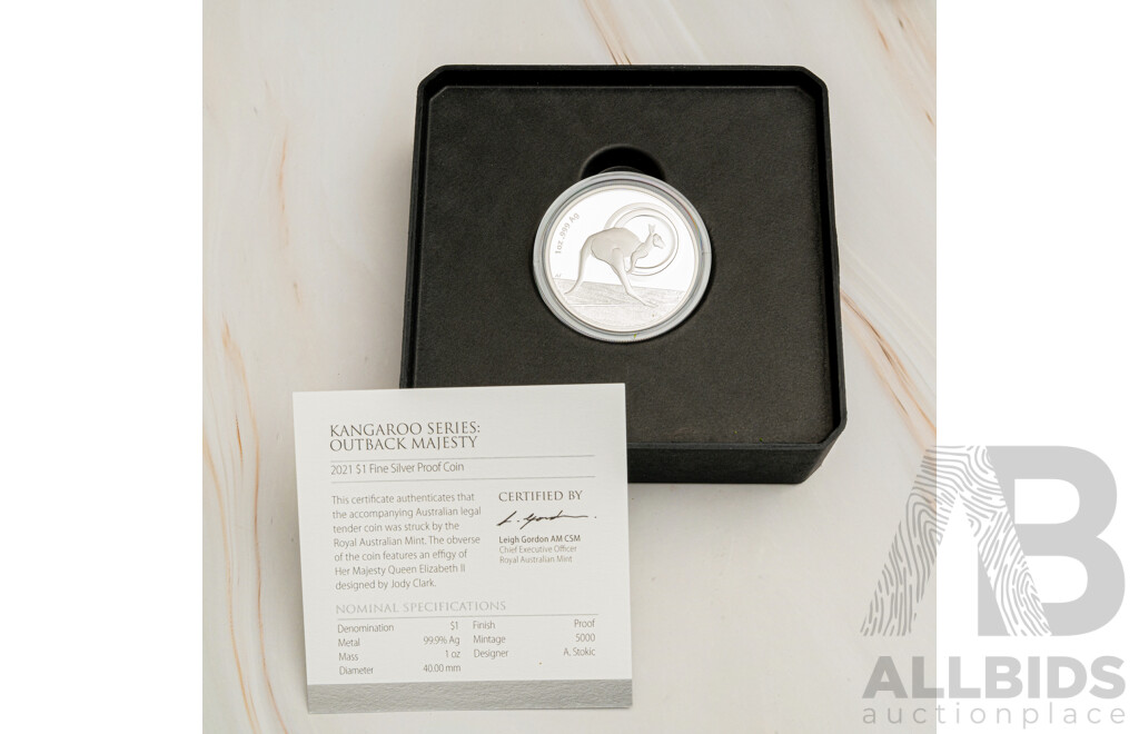 Australian RAM 2021 Silver Proof One Dollar Coin, Kangaroo Series, Outback Majesty .999