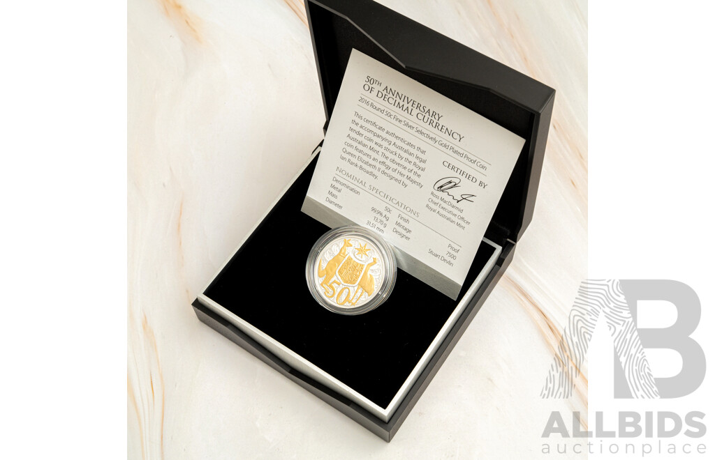 Australian RAM 2016 Gold Plated Silver Proof Fifty Cent Coin, Fiftieth Anniversary Decimal Currency .999