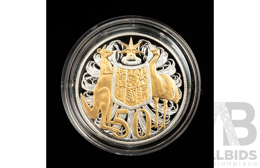 Australian RAM 2016 Gold Plated Silver Proof Fifty Cent Coin, Fiftieth Anniversary Decimal Currency .999