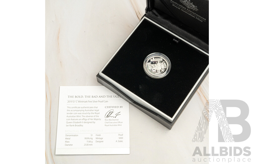 Australian RAM 2019 Silver Proof One Dollar Coin, 'C' Mint Mark, the Bold the Bad and the Ugly, Captain Thunderbolt and the Captains Lady .999