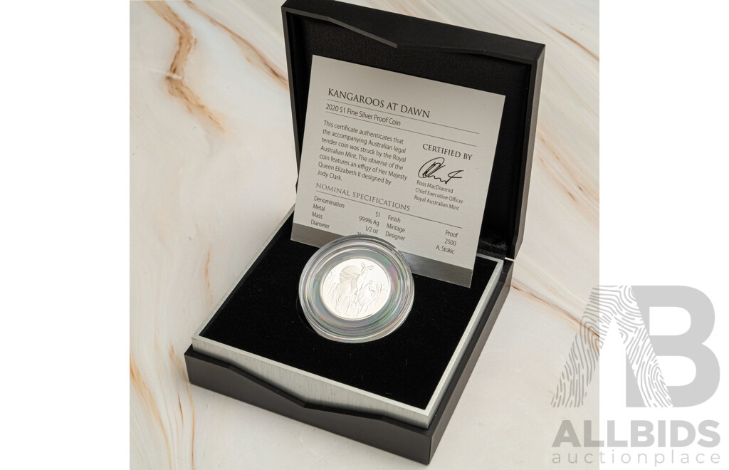 Australian RAM 2020 Silver Proof One Dollar Coin, Kangaroos at Dawn .999