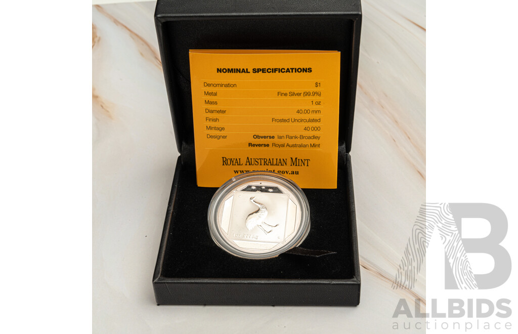 Australian RAM 2015 Silver Frosted One Dollar Coin, Australian Road Sign Series, Emu .999