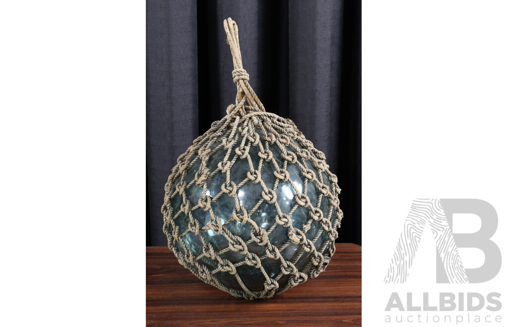 Japanese Glass Fishing Float on Rope Basket