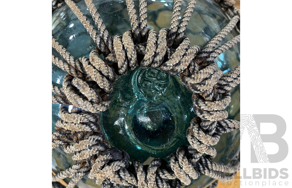 Japanese Glass Fishing Float on Rope Basket