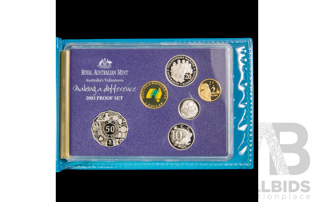 Australian RAM 2003 Six Proof Coin Set, Australia's Volunteers Featuring Coloured One Dollar and Commemorative Fifty and Twenty Cent