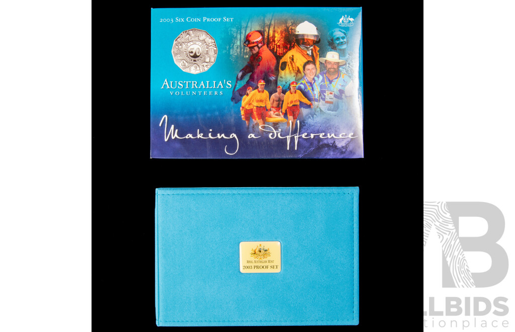 Australian RAM 2003 Six Proof Coin Set, Australia's Volunteers Featuring Coloured One Dollar and Commemorative Fifty and Twenty Cent