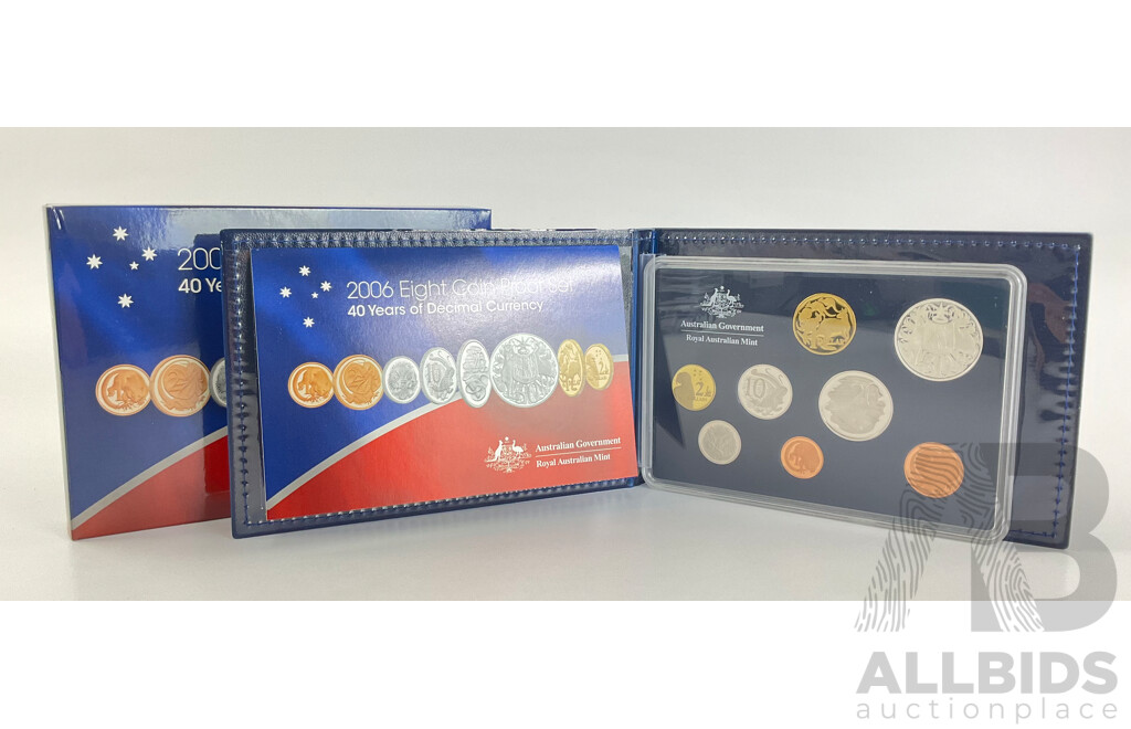 Australian RAM 2006 Eight Proof Coin Set, Forty Years of Decimal Currency Including Round Silver Fifty Cent Coin .800