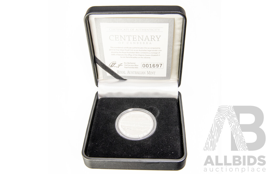 Australian RAM 2013 Silver Five Dollar Coin, Centenary of Canberra .999 with UNC Twenty Cent