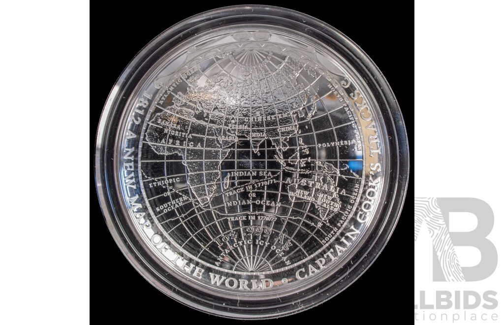Australian RAM 2019 Silver Proof Domed Five Dollar Coin, New Map of the World , Captains Cook's Tracks and Discoveries .999