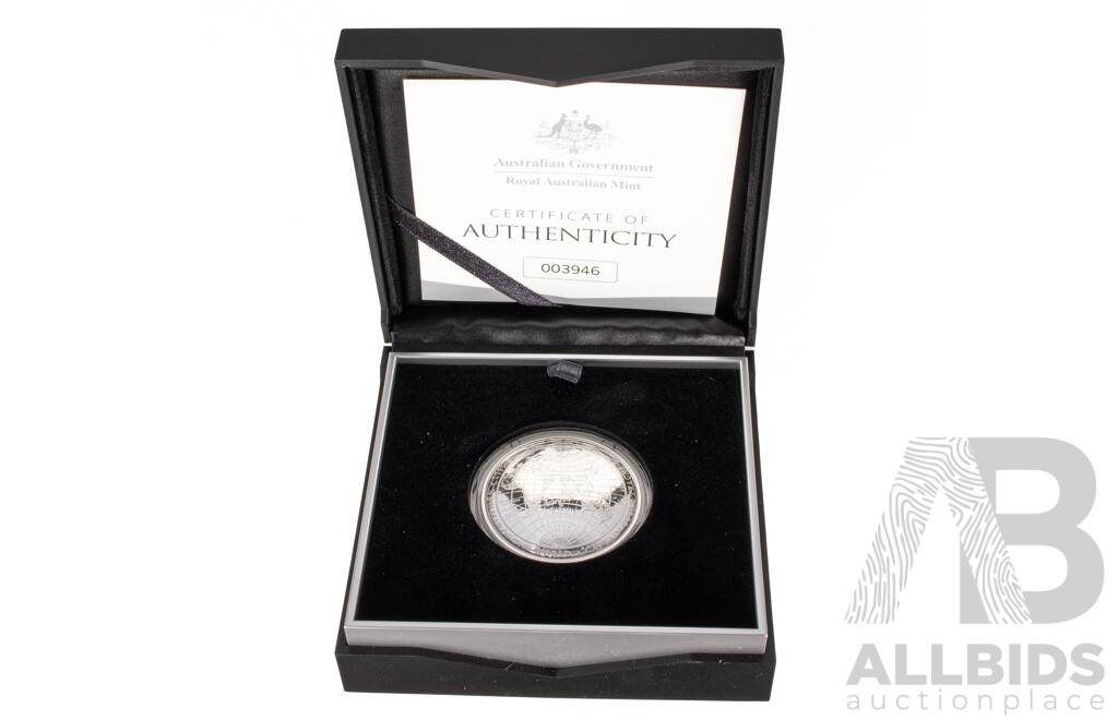 Australian RAM 2019 Silver Proof Domed Five Dollar Coin, New Map of the World , Captains Cook's Tracks and Discoveries .999