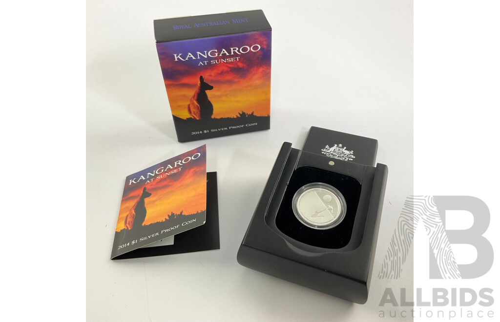 Australian RAM 2014 Silver Proof One Dollar Coin, Kangaroo at Sunet .999