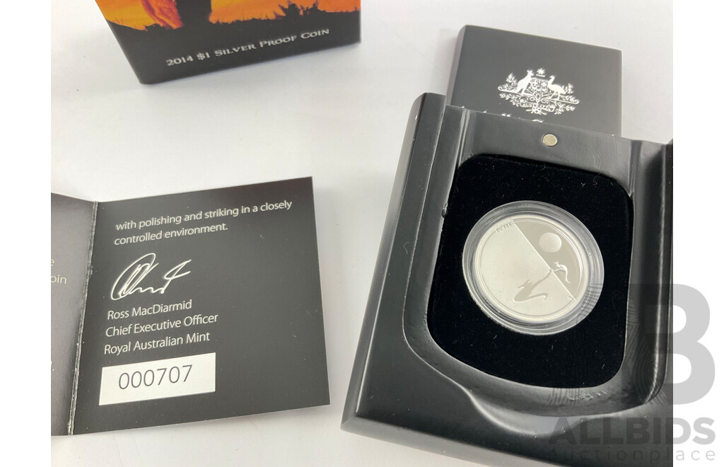 Australian RAM 2014 Silver Proof One Dollar Coin, Kangaroo at Sunet .999