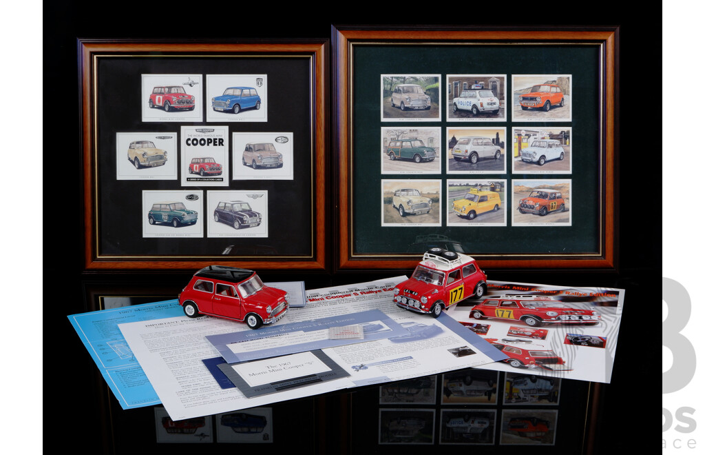 Frankiln Mint 1 to 24 Scale Morris Mini Cooper 1967 & 1967 Rallye Edition Along with Two Framed Mini Collectors Cards Displays