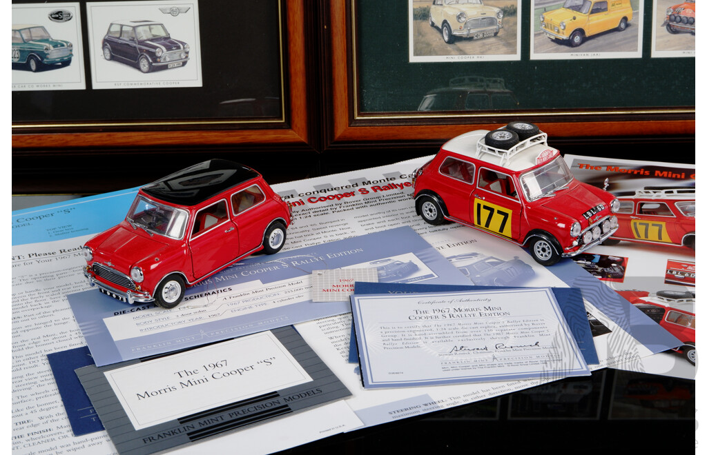 Frankiln Mint 1 to 24 Scale Morris Mini Cooper 1967 & 1967 Rallye Edition Along with Two Framed Mini Collectors Cards Displays