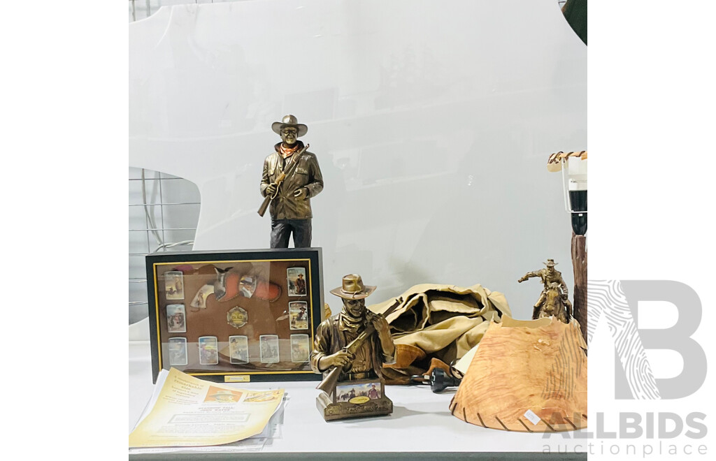 Collection of John Wayne Memorabilia Including Statue, Waist Up Bust, Carved Lamp and More