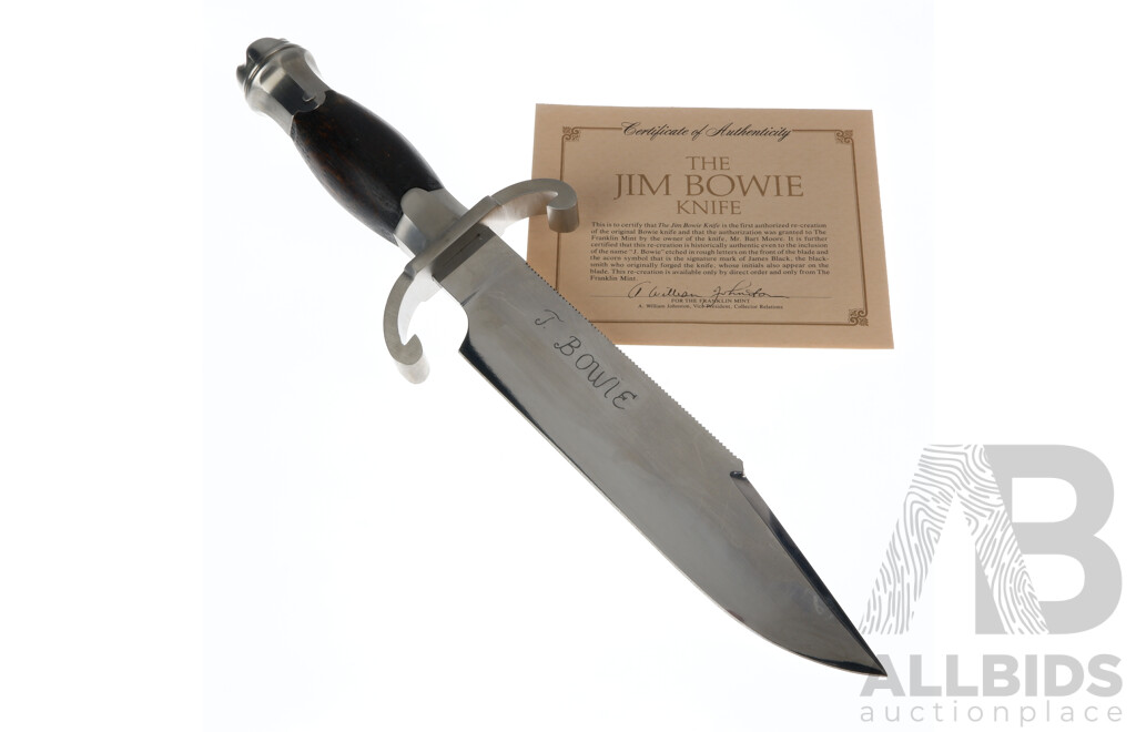 Jim Bowie Knife by Franklin Mint in Lockable Wooden Presentation Case with Certificate of Authenticity in Original Packaging
