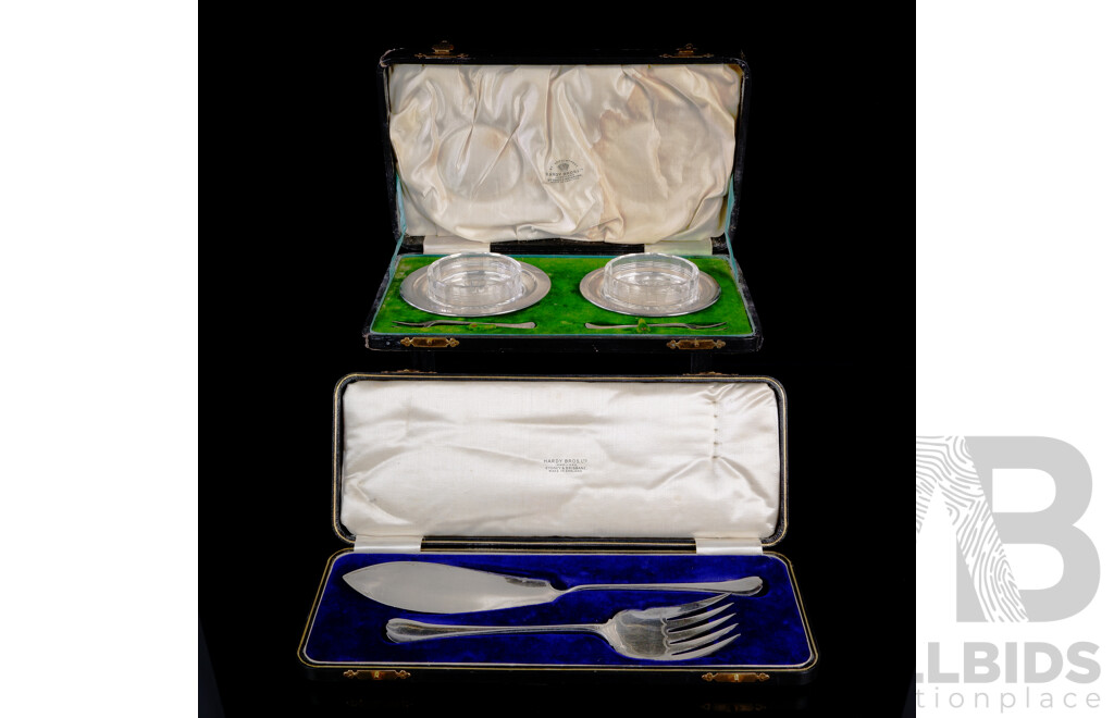 Collection Antique Sterling SIkver and Silver Plate Flatewear Comprising Hardy Bros Dishes with Glass Linners and Matching Forks in Original Case, Birmingham 1912,  Hardy Bros Silver Plate Fish Service in Original Case