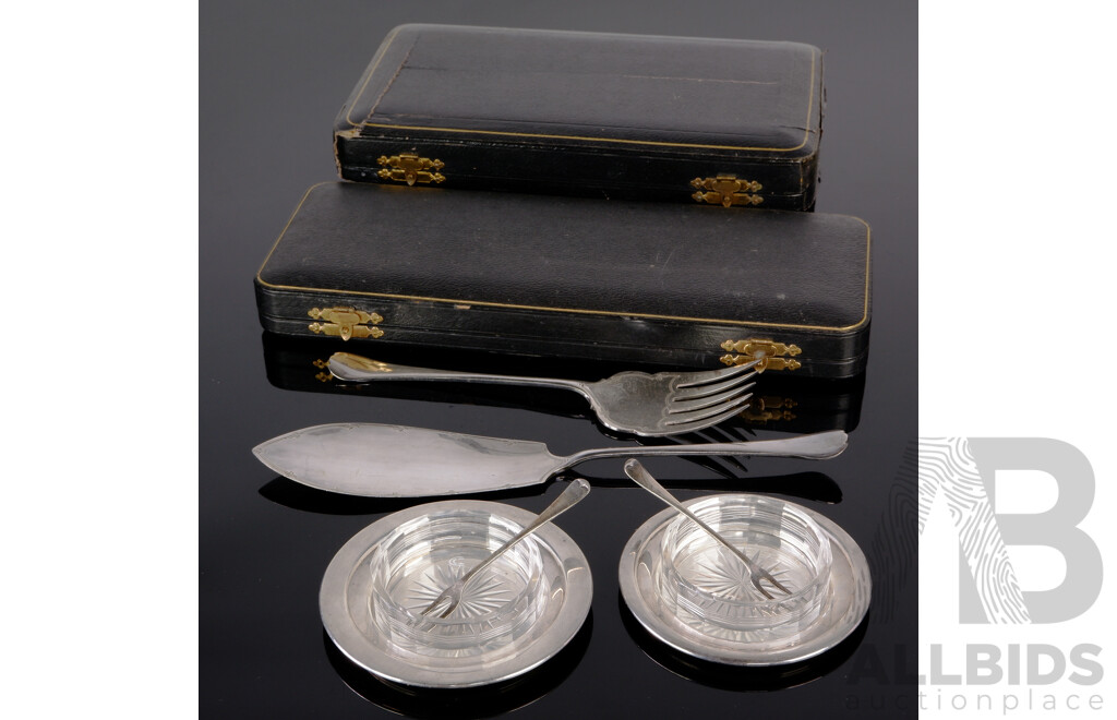 Collection Antique Sterling SIkver and Silver Plate Flatewear Comprising Hardy Bros Dishes with Glass Linners and Matching Forks in Original Case, Birmingham 1912,  Hardy Bros Silver Plate Fish Service in Original Case