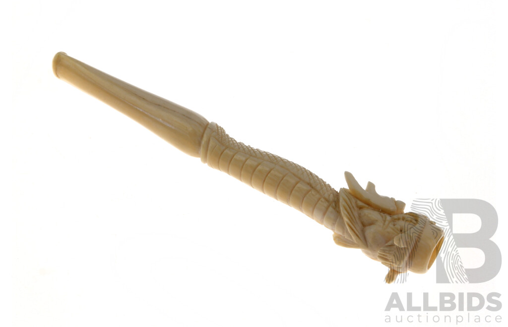 Vintage Carved Asian Ivory Cigarette Holder with Dragon Motif