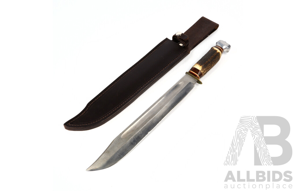 Bowie Knife in Solingen Steel with Antler Handle by Widder, German in Leather Scabbard